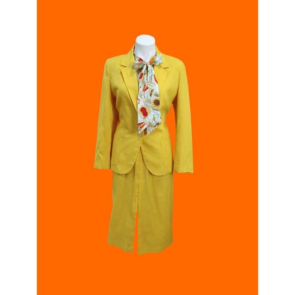 1980's Golden Yellow Saddlebred Linen Skirt Suit - Picture 1 of 16